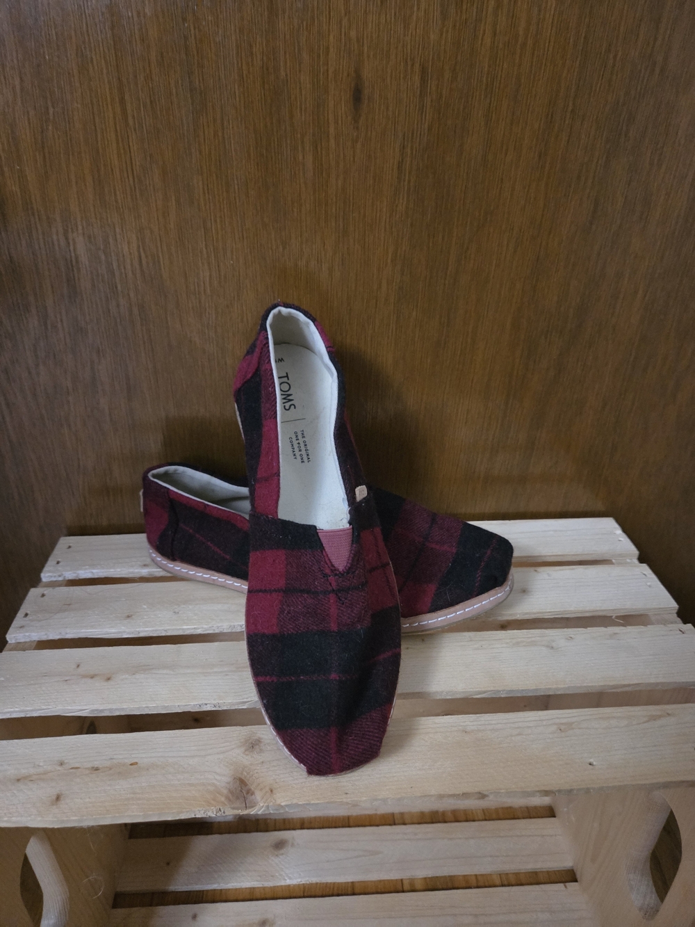 Toms Burgundy and Black Plaid Slip-On Flats